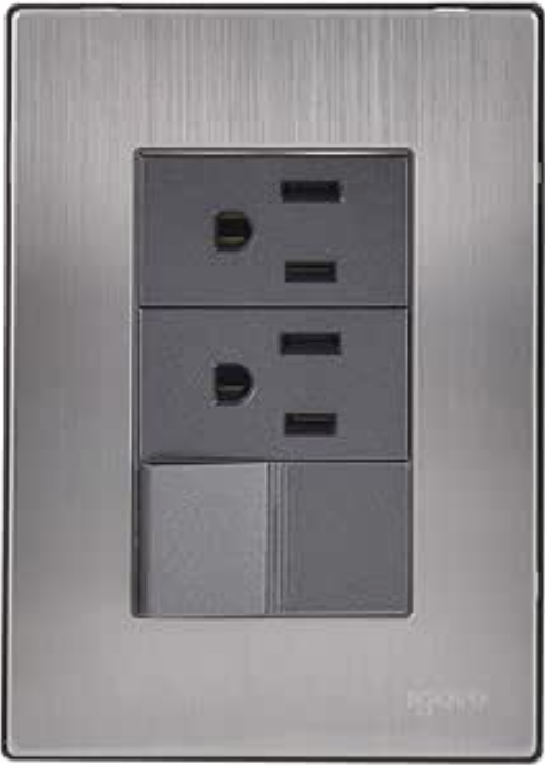 Placa Armada Inox con 1 Apagador Sencillo y 2 contactos de 1 Módulos