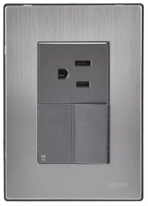 Placa Armada con 1 Apagador de Escalera y 1 Contacto de 1.5 Módulos, Acero Inoxidable