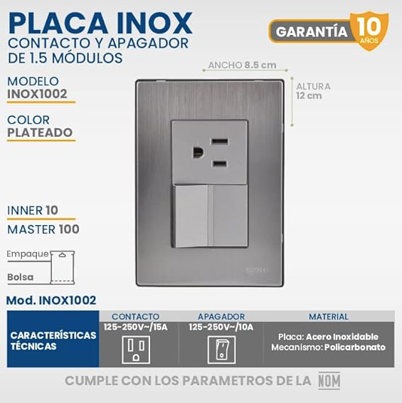 Placa Armada Inox con 1 Apagador Sencillo y 1 Contacto de 1.5 Módulos