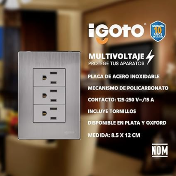 Placa Armada Inox con 1 Apagador Sencillo y 2 contactos de 1 Módulos