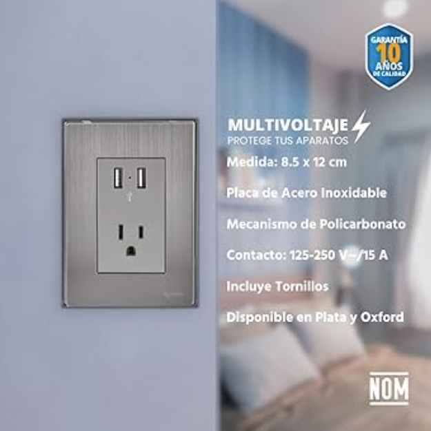 Placa Armada con Toma USB y 1 Contacto, Acero Inoxidable