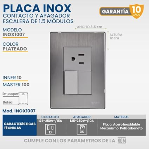 Placa Armada con 1 Apagador de Escalera y 1 Contacto de 1.5 Módulos, Acero Inoxidable