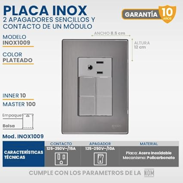 Placa Armada con 2 Apagadores Sencillos y 1 Contacto de 1 Módulo, Acero Inoxidable