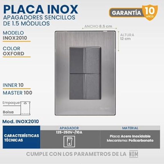 Placa Armada con 2 Apagadores Sencillos, Acero Inoxidable