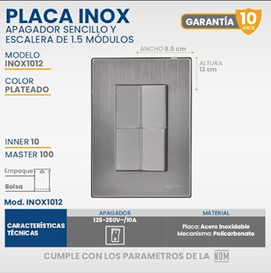 Placa Armada con 1 Apagador Sencillo y un Apagador de Escalera de 1.5 Módulos