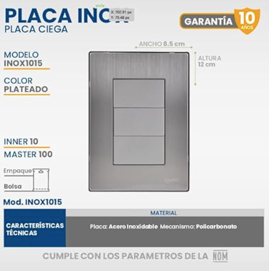 Placa Ciega, Acero Inoxidable