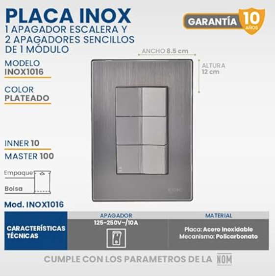Placa Armada con 2 Apagadores Sencillos y 1 Apagador de Escalera, Acero Inoxidable
