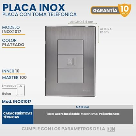 Placa Armada con 1 Toma Teléfonica, Acero Inoxidable