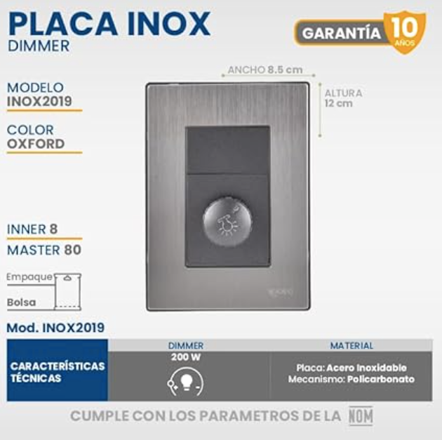 Placa Armada con Dimmer, Acero inoxidable