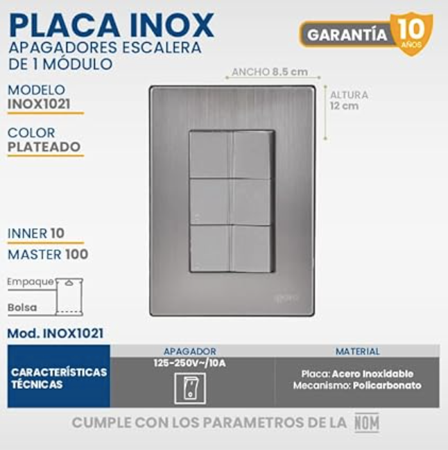 Placa Armada con 3 Apagadores de Escalera de 1 Módulo, Acero Inoxidable
