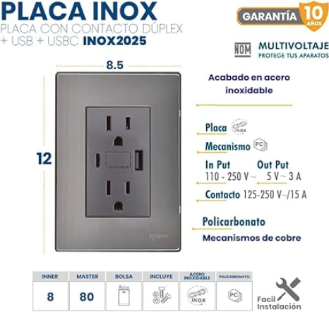 Placa Armada Contacto Duplex +USB +USB C